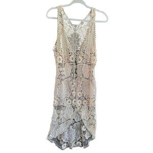 CATO Cream Crochet Sleeveless Long Cardigan